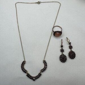 Stunning VTG Sterling Silver Garnet & Agate Set Necklace Earrings Ring Circa 50s